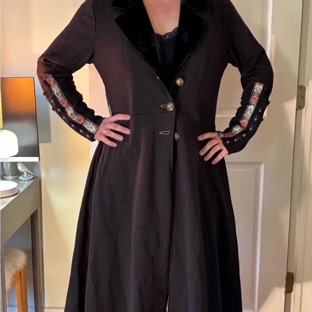 Vintage Military Inspired Long Coat with Velvet Trim and Brocade Embroidery - Picture 2 of 6